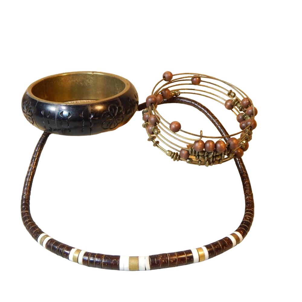 BoHo Coconut Necklace Spring & Wood Bracelets Set Lot